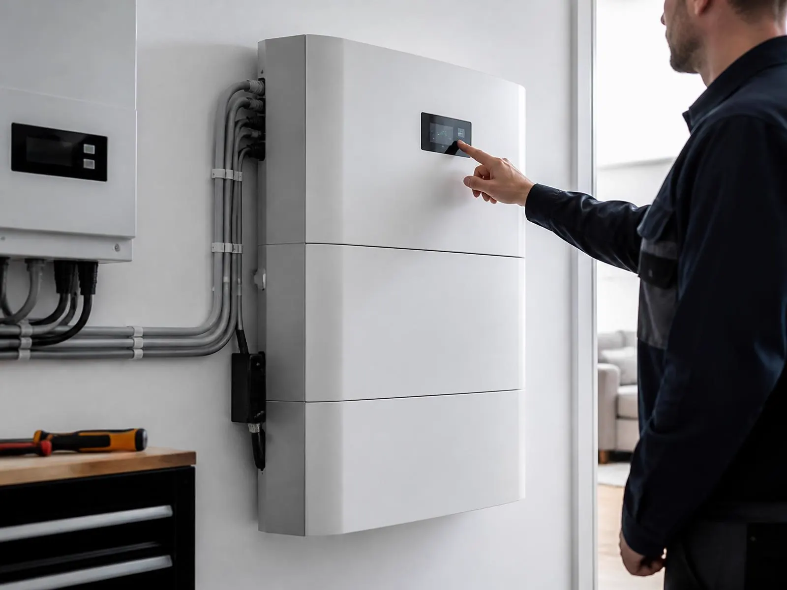 Batériové úložisko na stene technickej miestnosti pri elektrickom rozvádzači