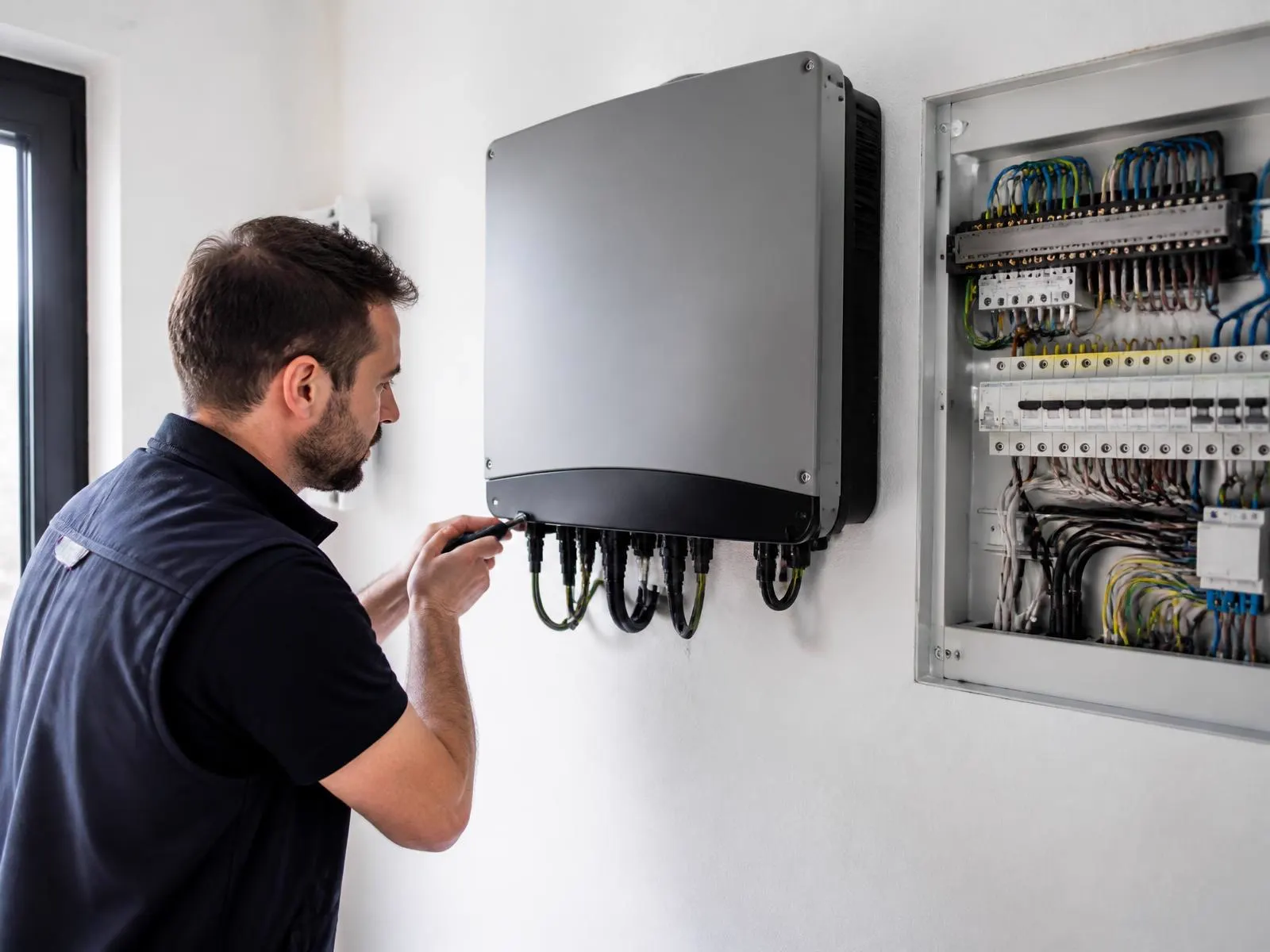 Technik pripája fotovoltaický menič vedľa elektrického rozvádzača